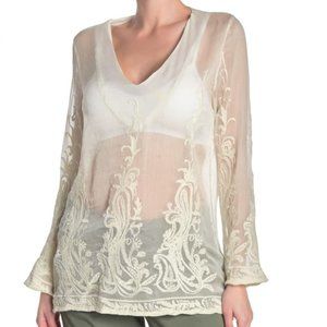 V-NECK LONG SLEEVE SHEER BLOUSE | NWT | SIZE S + M